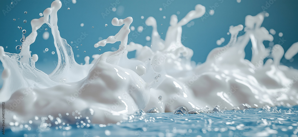 Poster dynamic splash of milk creating artistic patterns against blue background.
