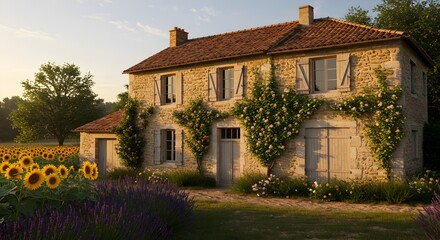 Idyllic french farmhouse with sunflowers and lavender in provence countryside at golden hour