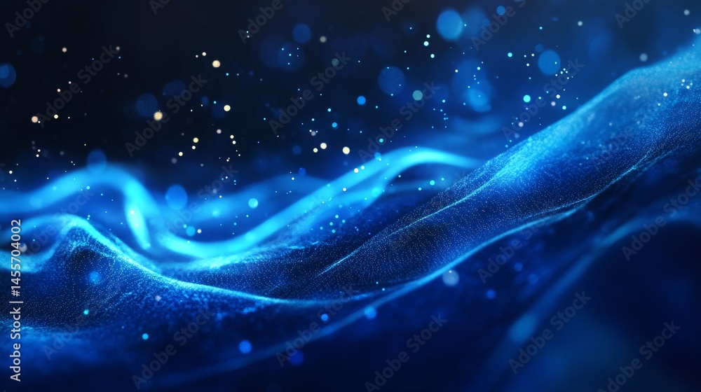 Poster waves of shimmering blue light create a captivating and serene atmosphere in a darkened environment,