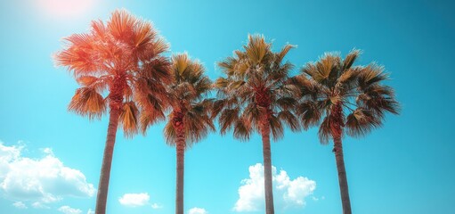 Obraz premium Four Palm Trees Under a Vibrant Blue Sky