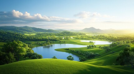 Scenic golf course view featuring a lake surrounded by lush greenery and trees under a clear blue sky