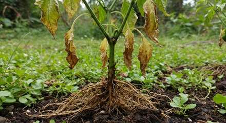 Obraz premium Wilted Pepper Plant with Bacterial Infection in Roots – Root Pathogen Visualization