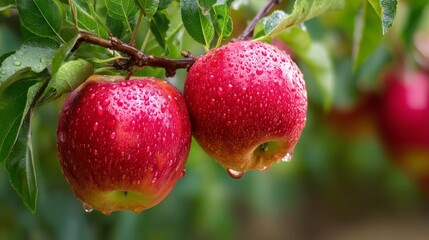 Obraz premium Fresh red apples with water droplets, vibrant against green foliage. Nature's crisp bounty in morning light. 