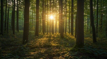 Fototapeta premium Sunlight Filters Through Trees in a Serene Forest, Highlighting the Natural Beauty of the Landscape During Early Morning Hours