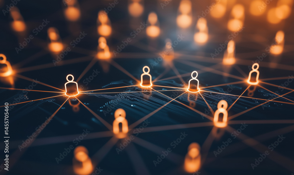 Poster digital network connections with glowing user icons representing social interaction.