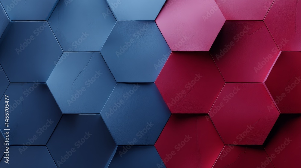 Fototapete Overhead view showcasing a dynamic arrangement of hexagons shifting through vibrant color gradients against a clean digital background with space for additional text