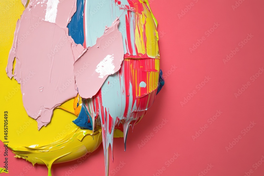 Poster abstract paint blobs in vibrant colours, with thick impasto application and dripping effect against 