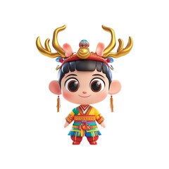Adorable 3D Render of a Child in Traditional Chinese Costume with Deer Antlers Headpiece