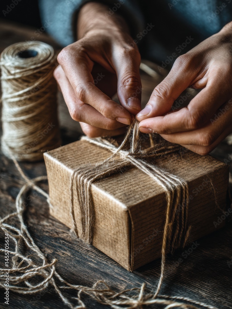 Poster Hands Tying Twine Around a Rustic Brown Box on a Wooden Table in a Cozy Atmosphere During a Crafting Session Generative AI
