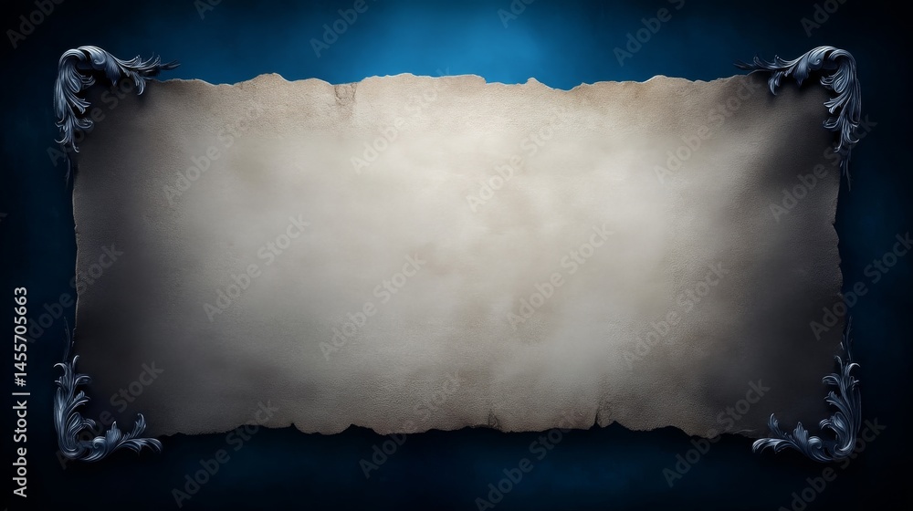 Poster overhead view showcases an ornate parchment scroll featuring floral designs, laid on a rich blue bac