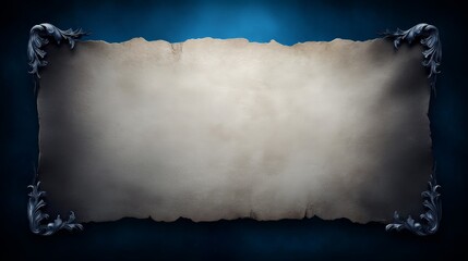 Overhead view showcases an ornate parchment scroll featuring floral designs, laid on a rich blue background, with a generous area for text or design elements