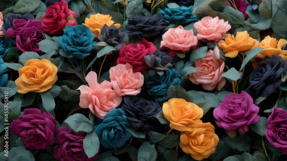 Aufkleber Overhead view captures an embroidered fabric adorned with vibrant roses and lilies, creating a lush floral pattern with a spacious area for text on the left