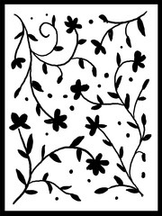 Elegant Black Floral Design Featuring Ornamental Plant Patterns with Various Leaves and Flowers