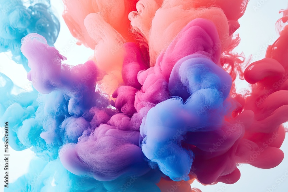 Poster vibrant colorful ink swirling in a cloud-like pattern, creating a mesmerizing abstract design. a mix