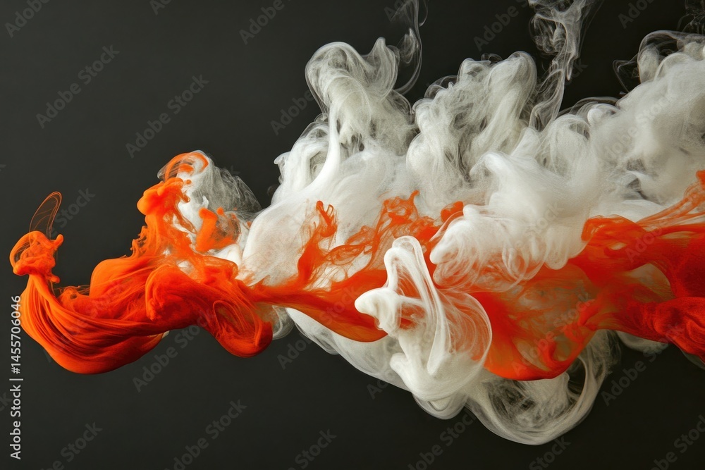 Poster abstract ink mixing in liquid, showcasing dynamic orange and white swirling patterns against a dark 