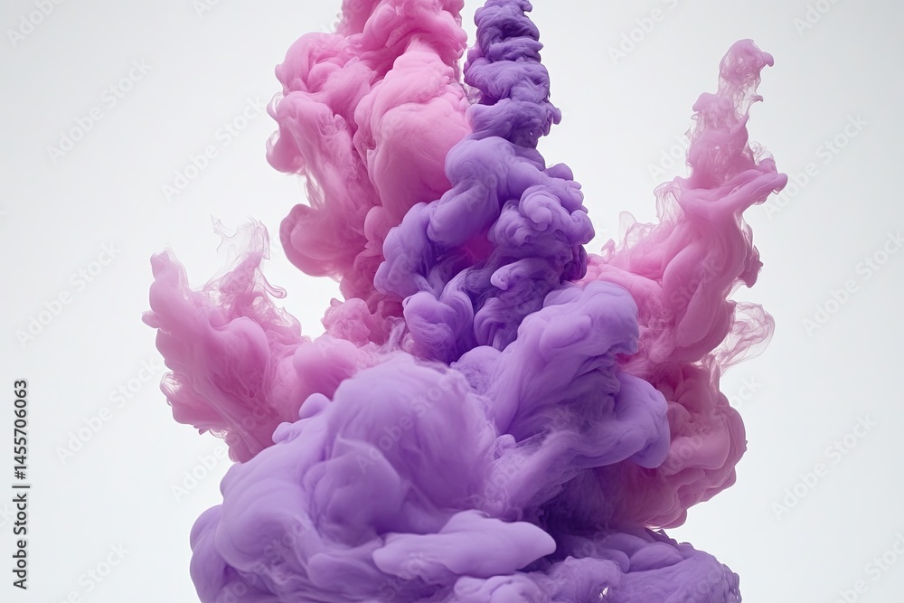 Poster abstract ink explosion of soft pink and lavender hues. intricate swirling patterns create a cloud-li