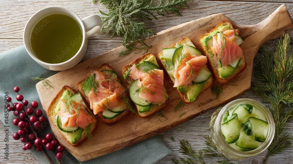 Poster smoked salmon and avocado toast bites are arranged on a rustic cutting board, showcasing a vibrant c