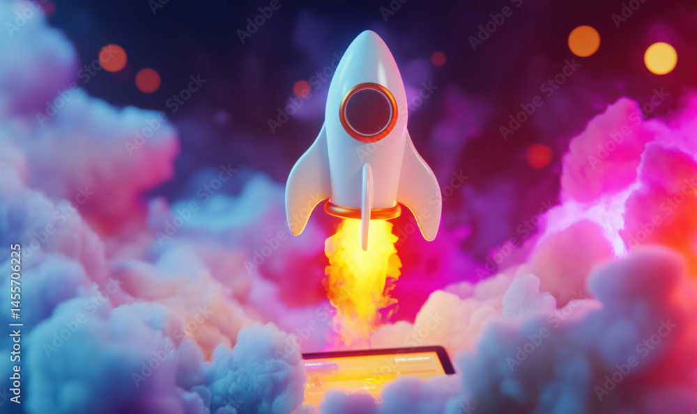 Poster rocket launching into colorful clouds with glowing effects and digital interface.