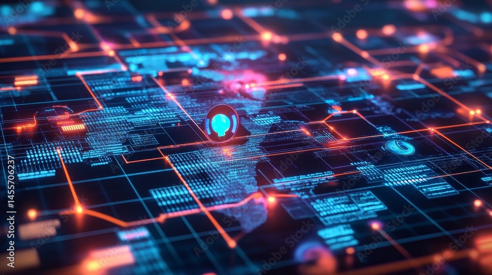 Poster Digital World Map With Glowing Connections and Data Points Representing Global Networking and Technology Trends in a Cyber Environment