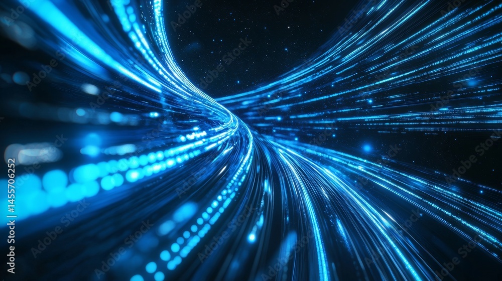Poster waves of glowing blue and orange light create a mesmerizing digital landscape in an abstract represe