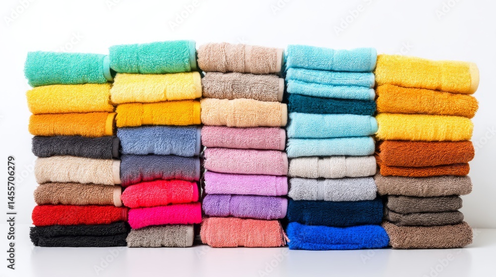 Aufkleber overhead view of an assortment of luxury bath towels stacked vertically in a precise arrangement on 