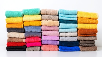 Overhead view of an assortment of luxury bath towels stacked vertically in a precise arrangement on a seamless white background, offering ample copy space