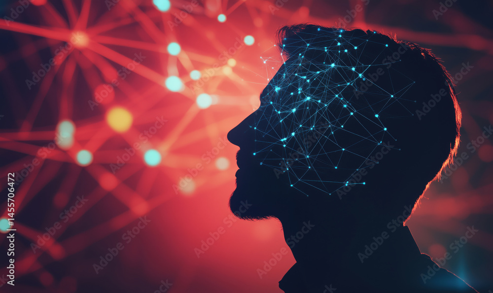 Aufkleber silhouette of man with digital neural network overlay against abstract background.