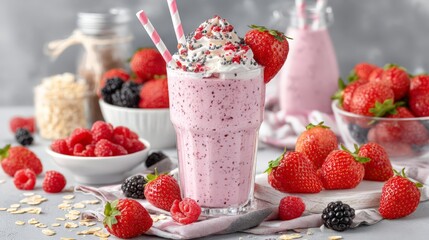 Pink Strawberry Raspberry Smoothie with Whipped Cream and Berries