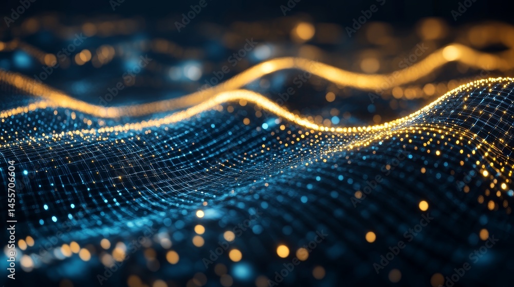 Fototapete Colorful Wave Patterns With Glowing Dots Create a Mesmerizing Visual Effect in a Digital Space During Nighttime Hours