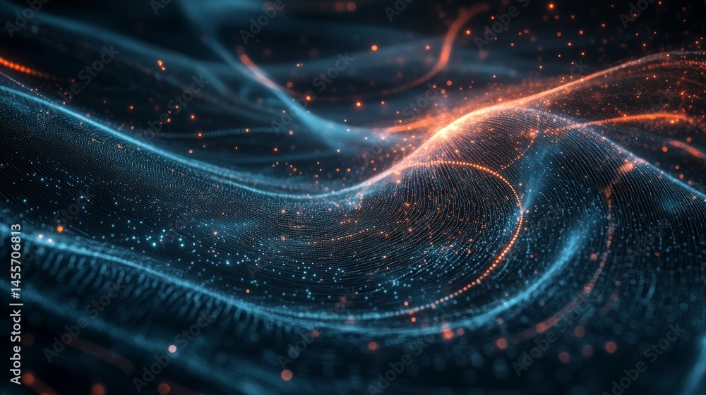 Poster digital representation of a human face created with luminous particles in a dark space showcasing te