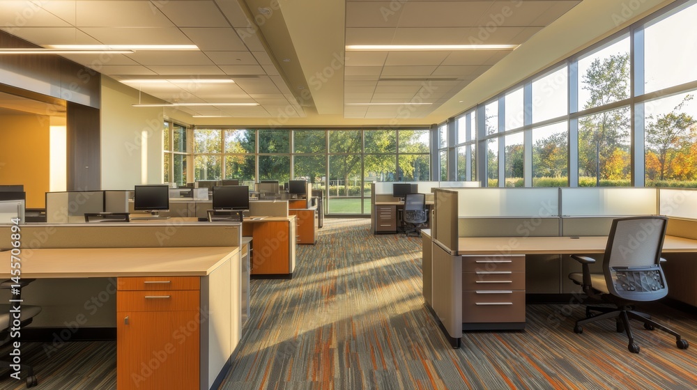Poster modern office workspace featuring large windows and bright lighting with multiple desks and computer