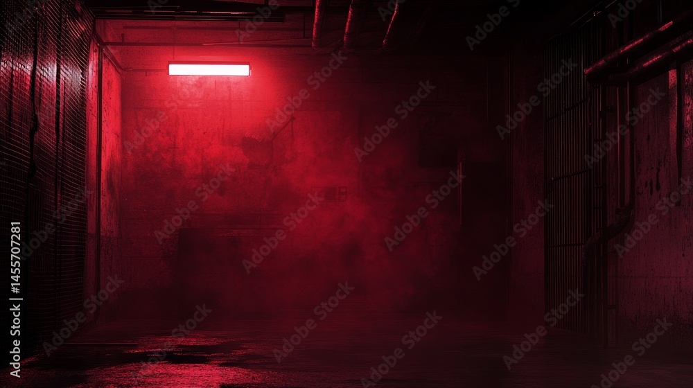 Poster mysterious urban landscape enveloped in deep red mist with towering structures reaching into the clo