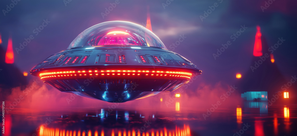 Poster futuristic ufo hovering over a neon-lit landscape with glowing structures.
