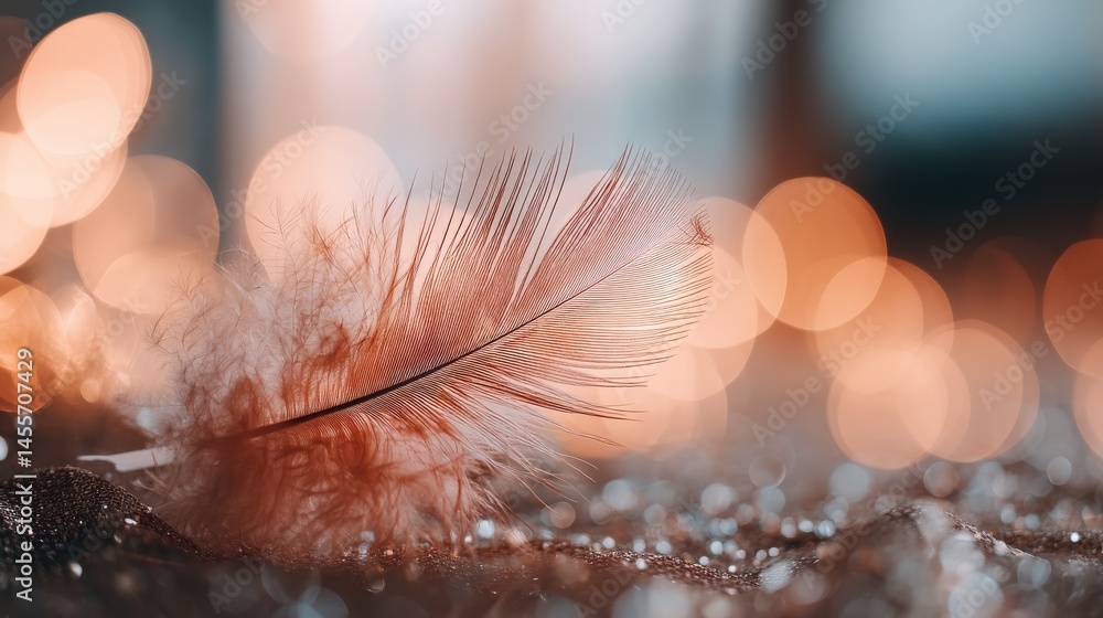 Fototapete Delicate translucent feather rests on shimmering silk, adorned with tiny droplets, capturing the essence of warmth and elegance under ambient bokeh lighting