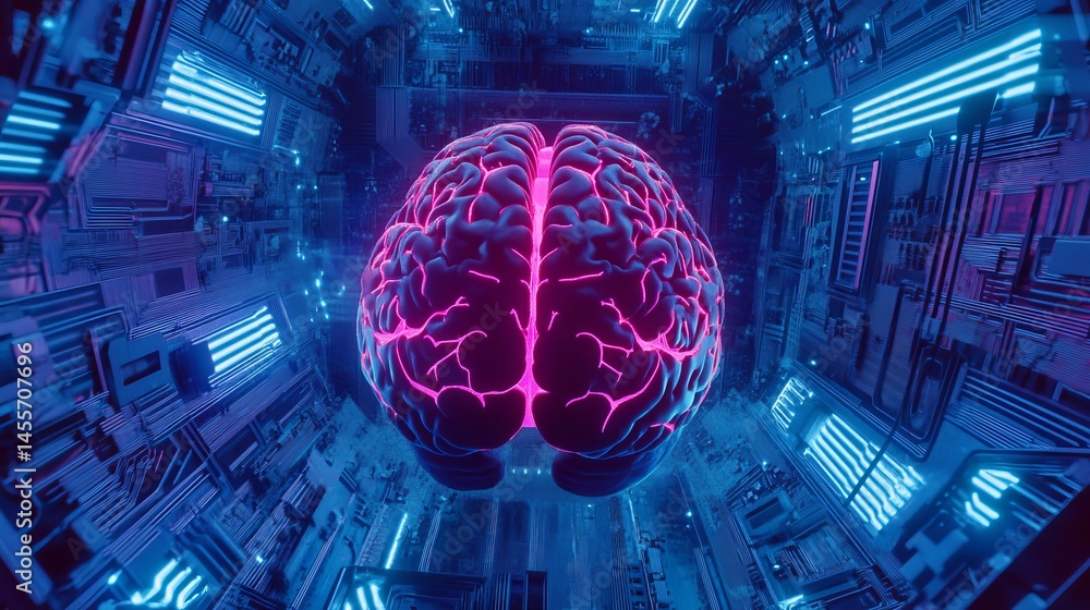 Aufkleber Digital Brain on a Vibrant Circuit Board Representing Artificial Intelligence and Futuristic Technology in a Neon Cityscape