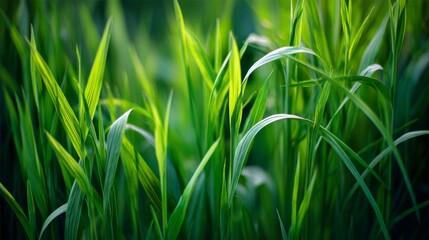 Fototapeta premium Vibrant green grass texture in soft focus, symbolizing nature's delicate beauty 