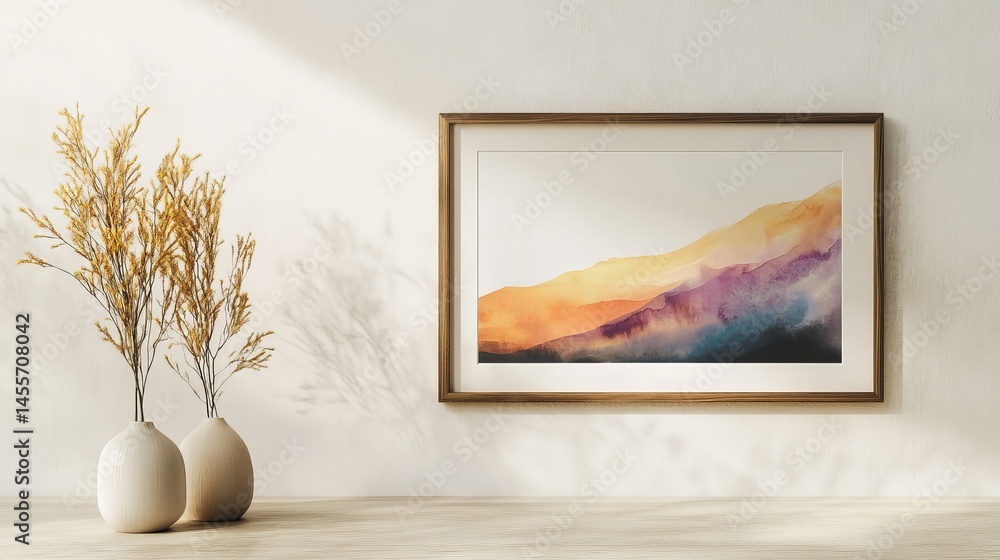 Poster elegant minimalistic art display on a shelf with dried grass in a vase, capturing warm natural tones
