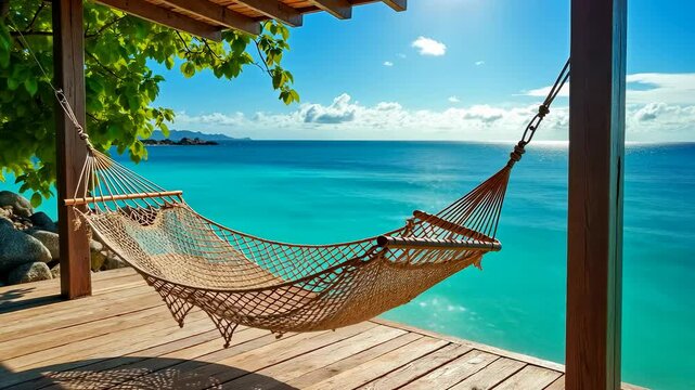 Hammock, beach relaxation, ocean view. Outdoor comfort. Seaside hammocks invite peaceful rest. Coastal breeze enhances tranquil sleep. Sunshine boosts afternoon napping.