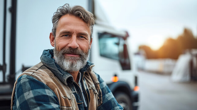 Happy confident Caucasian man with gray beard wearing plaid shirt and denim vest standing outdoors near truck at sunset, smiling warmly and looking at camera