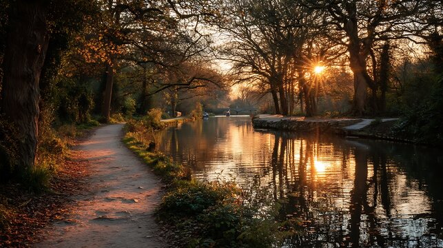 Golden sunlight reflects on a canal at sunset. - Powered by Adobe