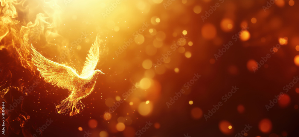 Aufkleber golden bird soaring through a fiery background with glowing particles.