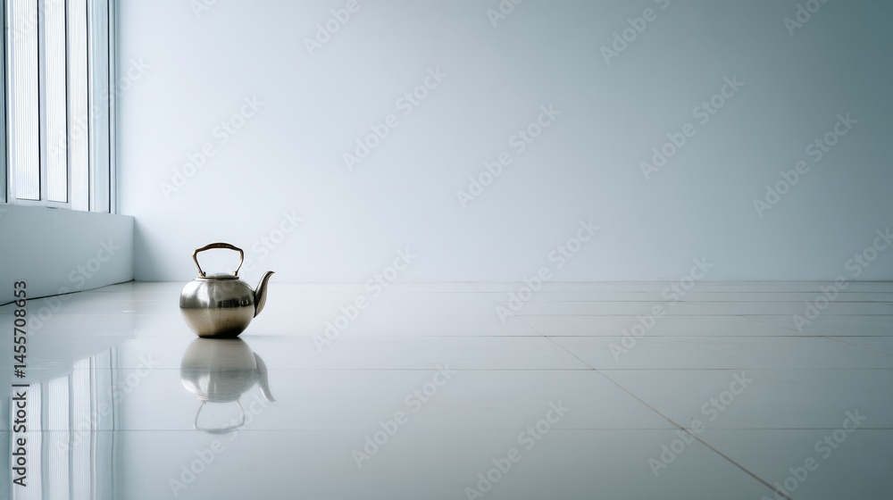 Aufkleber a sleek silver kettle is centrally placed on a smooth white surface, highlighting its glossy finish 