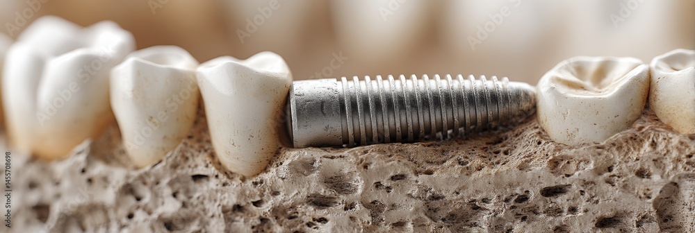 Poster close-up view of dental implant integrated with natural bone structure showcasing detailed texture a
