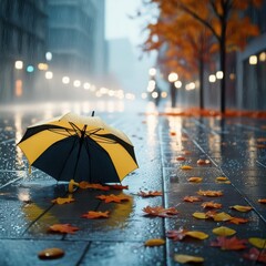 Yellow and Black Umbrella on Rainy City Street in Autumn