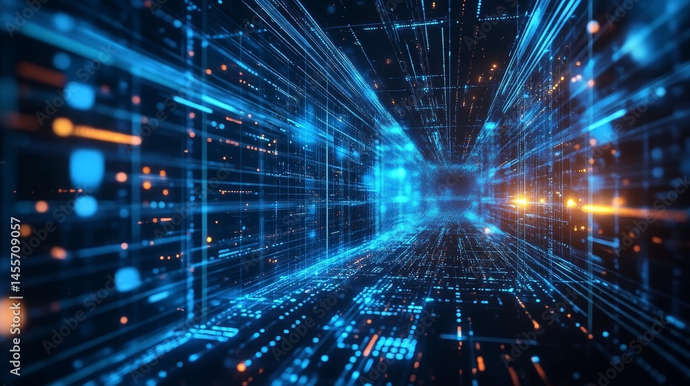 Poster dynamic visualization of digital data streams flowing through a futuristic grid in a vibrant blue an