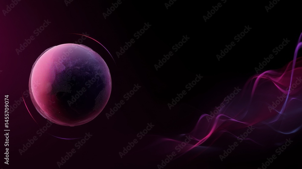 Poster A translucent planet displays illuminated continents and colorful neon trails circling it, balanced by a dark gradient background with ample copy space