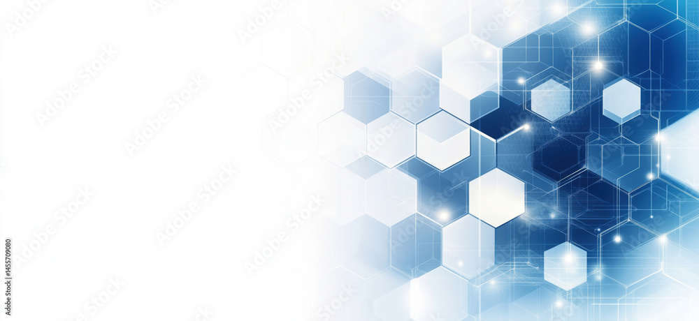 Poster abstract blue hexagonal pattern with glowing elements and digital technology background.