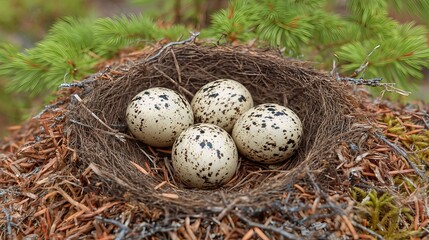 Fototapeta premium A close-up of a forest nest cradling four speckled Eurasian woodcock eggs, symbolizing the quiet beginning of new life in spring. 