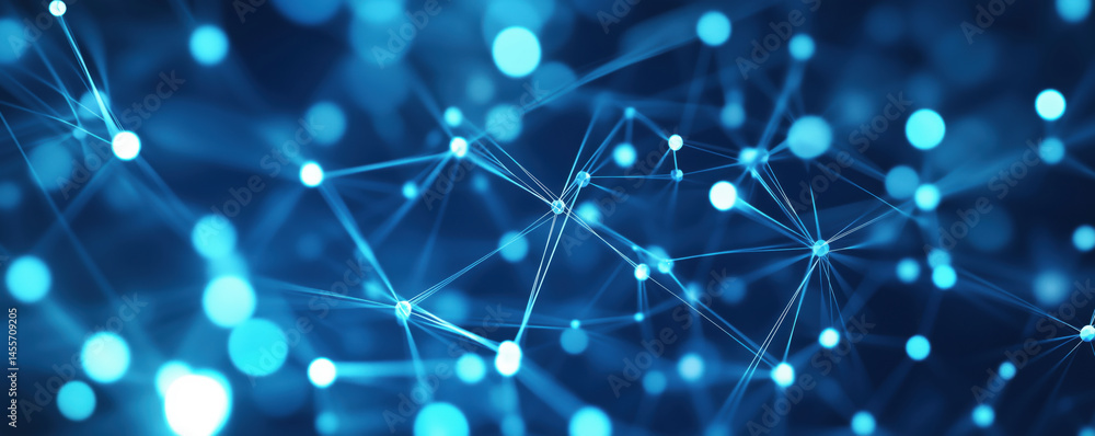 Poster abstract blue network connections with glowing nodes and lines in digital space.