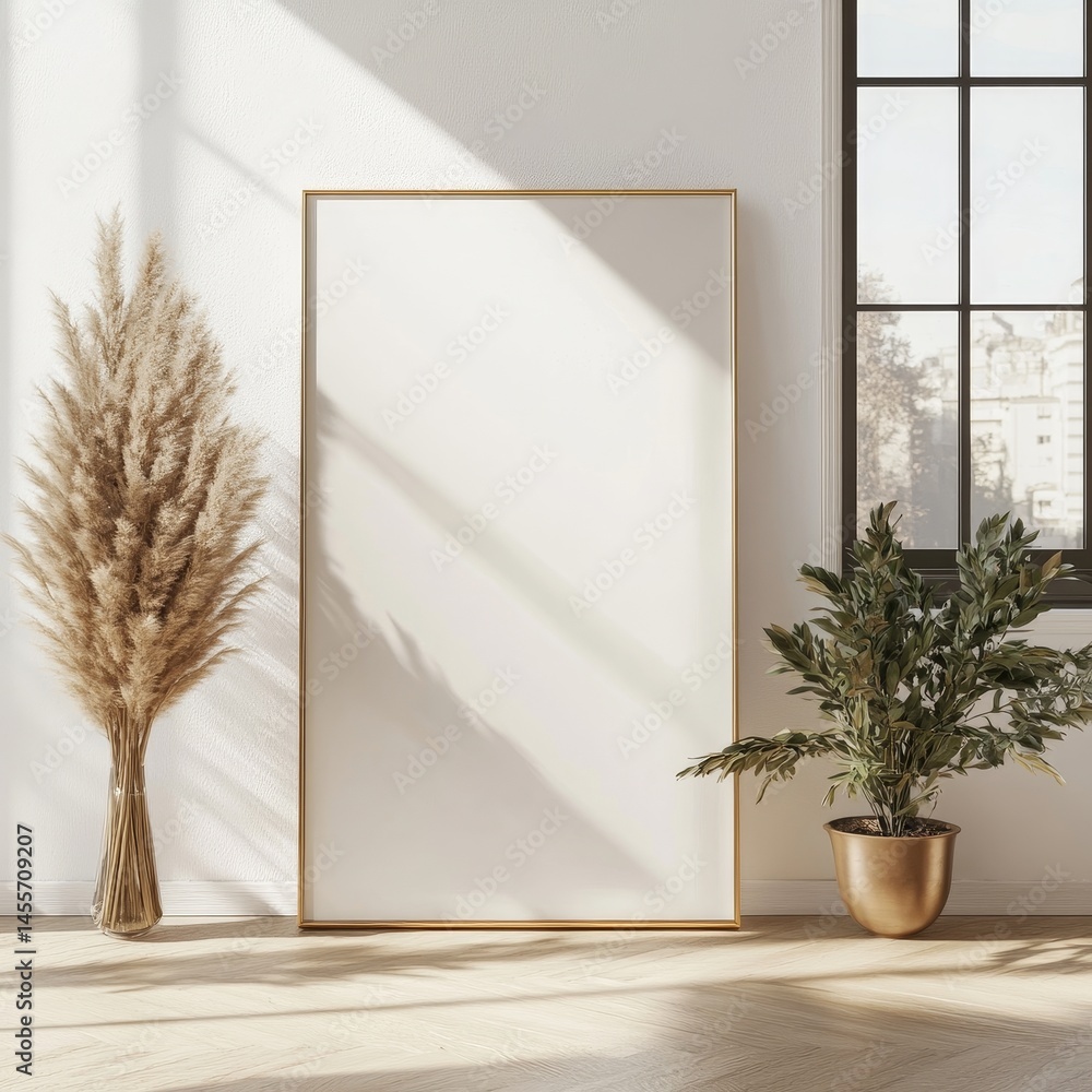 Poster modern interior decor with empty frame and greenery in bright sunlight filtering through large windo